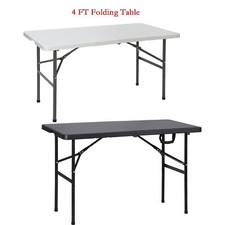 4Ft Plastic Folding Table Fold-in-Half Camping Table Carrying Handle Black/White