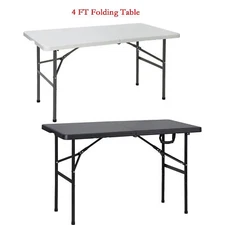4Ft Plastic Folding Table Fold-in-Half Camping Table Carrying Handle Black/White