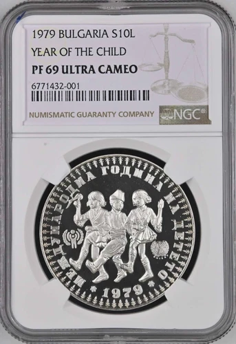 BULGARIA , SILVER 10 LEVA 1979 YEAR OF THE CHILD ( EL ) NGC PF 69 UC , RARE