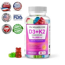 Vitamin D3 K2 MK-7 60 Gummies 10000 IU Made in USA Calcium Immune Support Bones