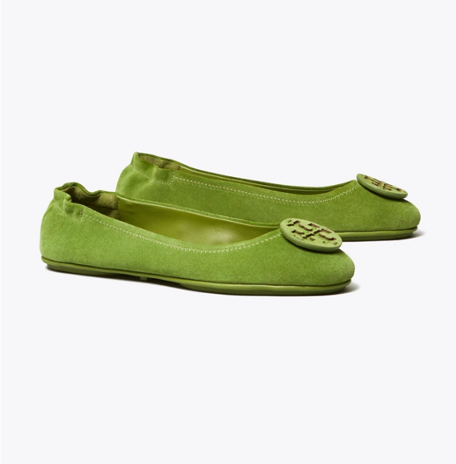 NIB Tory Burch Minnie Suede Leather Travel Ballet Flat GREEN US 6.5 AUTHENTIC