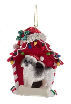 Kurt Adler Dog with Doghouse Christmas Ornament-SHIH TZU Grey & White