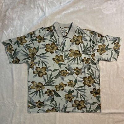 Vintage Cooke Street Men's Hawaiian Polo Shirt Lg Beige Multi Short Sleeve USA
