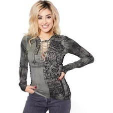 New Womens Affliction Road Crew L/S Rhinestone  Cross Tribal T-Shirt Top XS-XXL