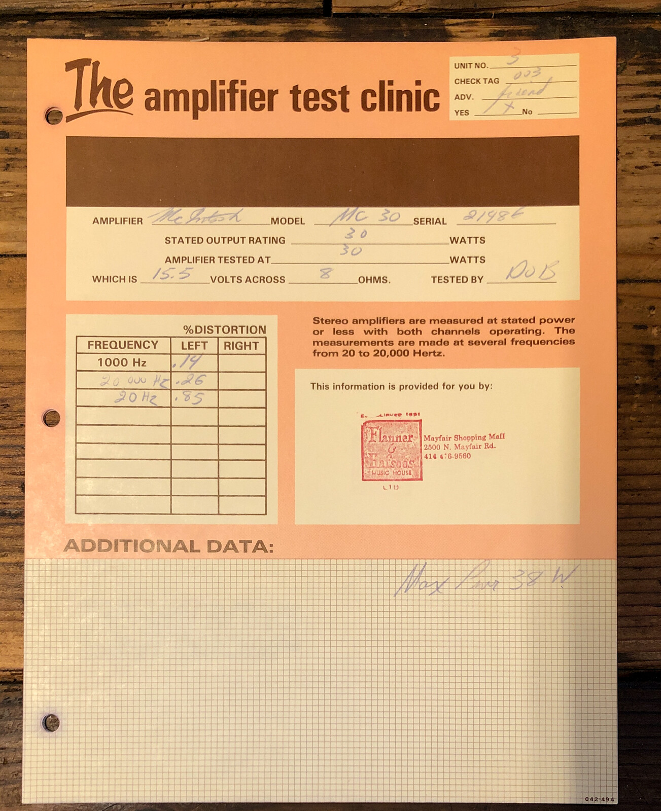McIntosh  Amplifier Test Report Sheet / Results  MC-30 / MC30    *Original* #3