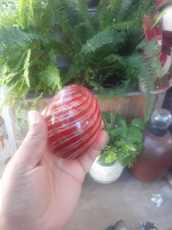 Vintage Art Glass Red & Gold Swirls Paperweight.