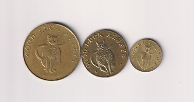 GOOD LUCK ALWAYS CAT TOKENS - WW1 TRENCH ART VERY RARE SET 28MM 23MM 15MM.GG272