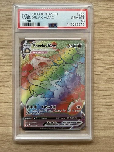 Pokémon TCG Snorlax VMAX Holo Rainbow Rare Card Sword & Shield 206/202 PSA 10