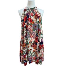 In The Beginning Rayon Floral Halter Swing Dress Boho Garden Party Resort M