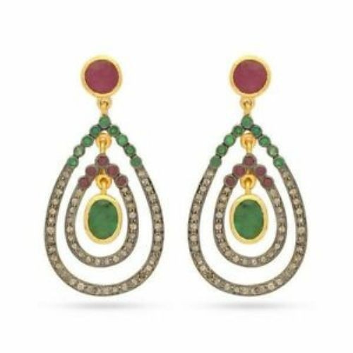 Ruby Emerald Pave Diamond 925 Silver Earrings Han… - image 6