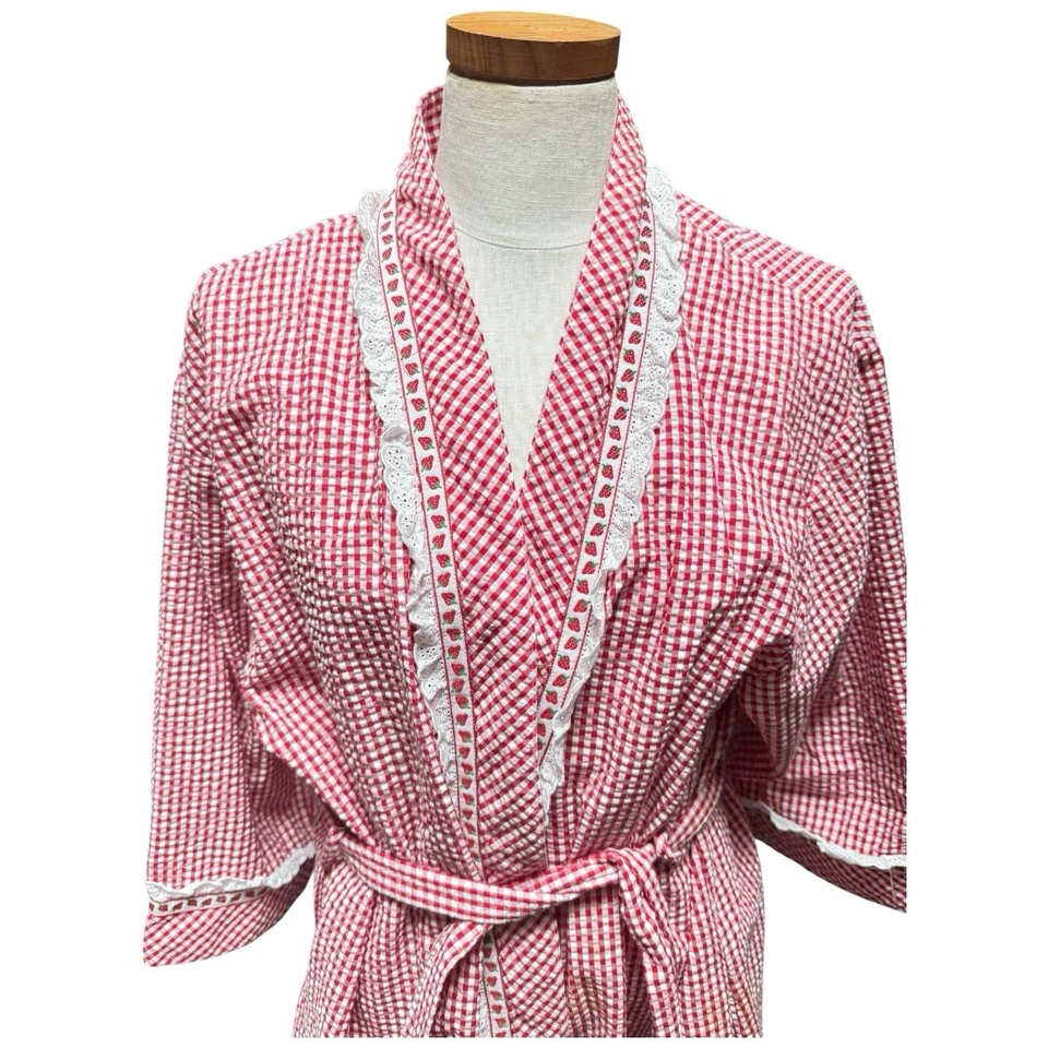 Bata de colección LANZ OF SALZBURG para mujer roja blanca guinga fresa encaje ribete grande Foto 2 de 4