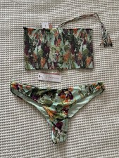 NWT Pilyq Women Bikini Swim Set 2 Piece,Smocked Bandeau Top Ranched Bottom Sz L