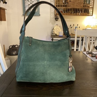Tignanello Green Suede Leather Purse Shoulder Bag  Zip Close Double Straps