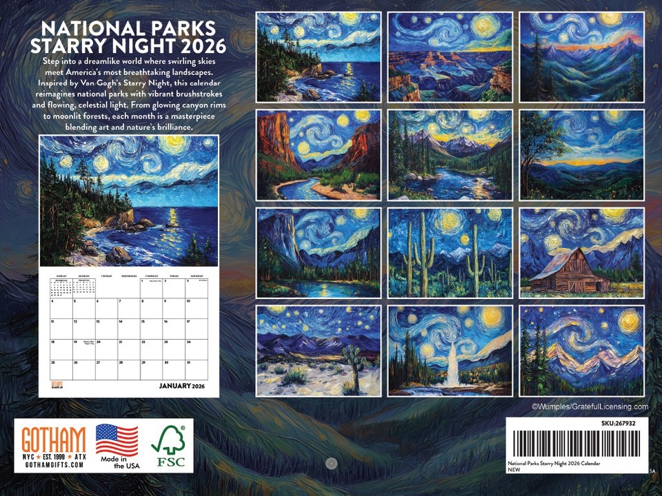 National Parks Starry Night Calendar 2026 Monthly Wall Van Gogh Style