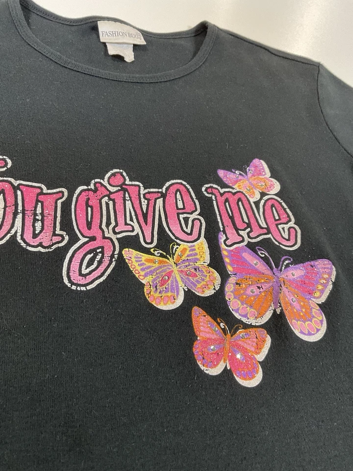 Vintage You Give Me Butterflies Baby Tee Sz L Glitter McBling Fairy 90s Y2K - Image 2 of 4