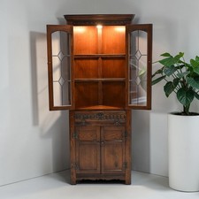 Old Charm Corner Display Cabinet with Leaded Glass Light Oak FREE UK Delivery*