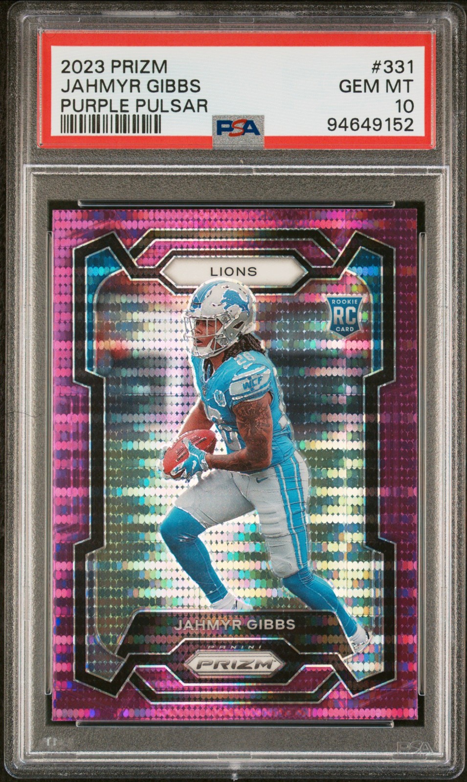 Jahmyr Gibbs 2023 Prizm Purple Pulsar #331 PSA 10!! ROOKIE CARD Detroit Lions!!!