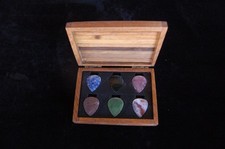 Lot of Six Stone Guitar Picks in a Hand Made Wooden Box
