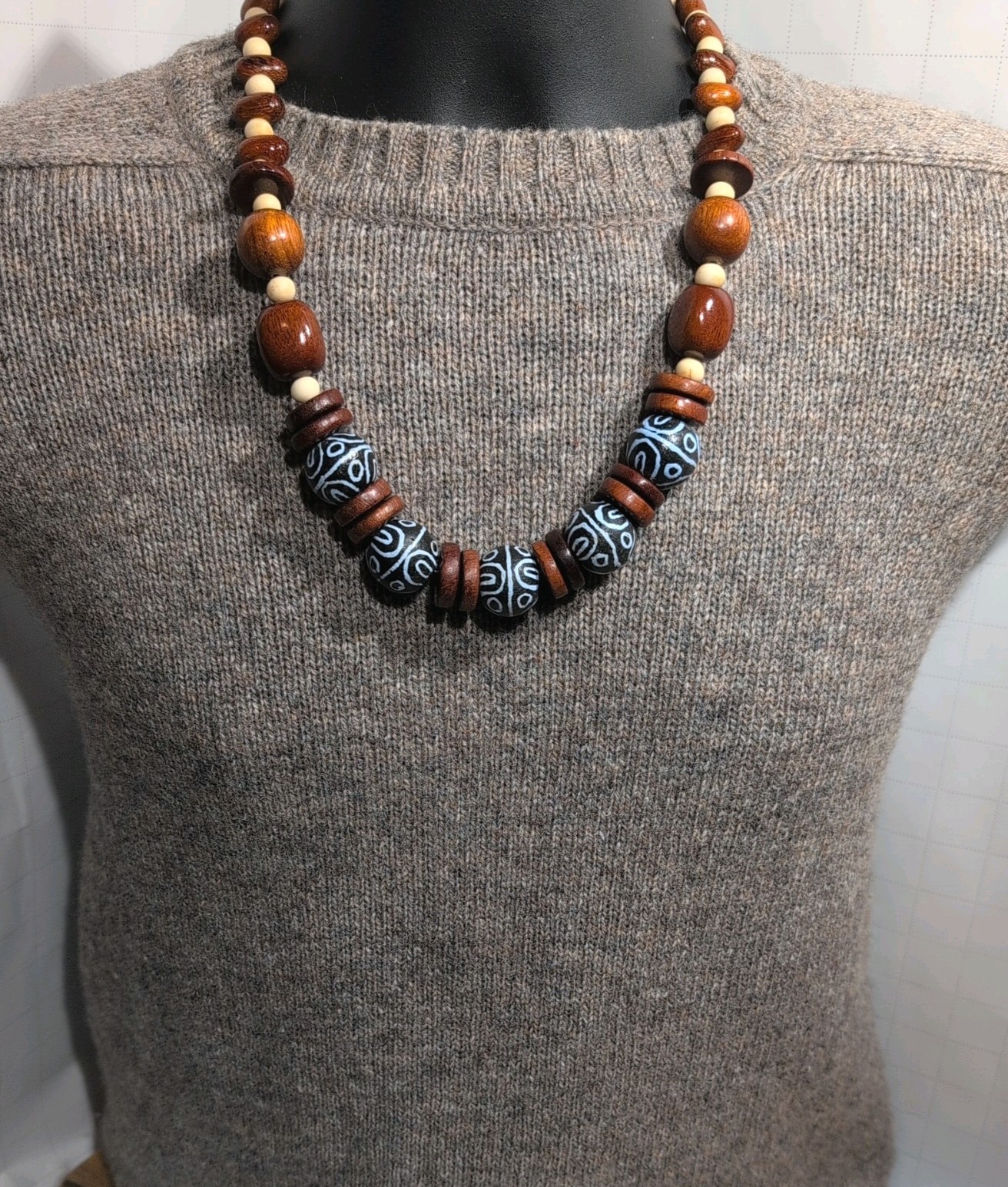 Tagger Clasp Tribal African Necklace Brown Wood Black Krobo, Masculine,Stainless ...