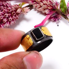 Black Onyx Gemstone Black And Gold Plated 925 Sterling Silver Ring s.7.5 Sku36