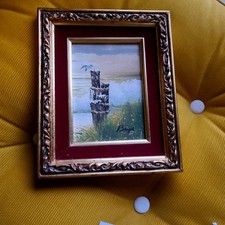 Vintage oil painting Ocean Dunes on wood framed Red velvet matt  And Gull 10"×8"