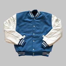 Vintage T&M Sportswear Varsity Jacket L Blank Wool Leather Blue White USA Made