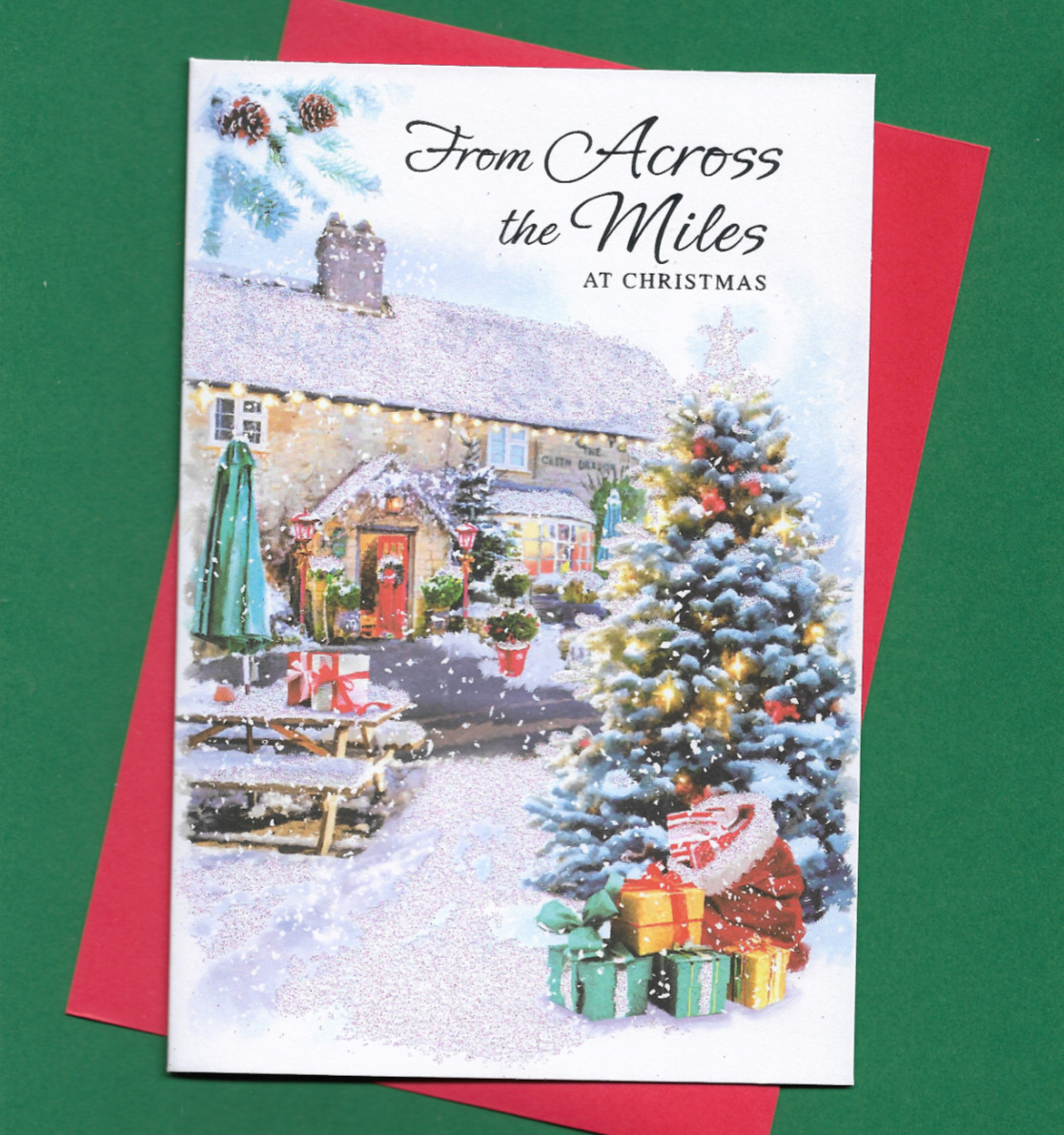 From Across The Miles Christmas Card Snow Scene Cottage Friend Family 19x13cm