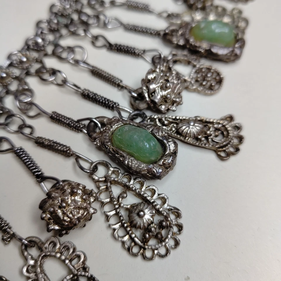 Rare Vintage 1980s ALEXIS LAHELLEC PARIS Silver Tone Charm Bracelet Green Caboch - Photo 1/3
