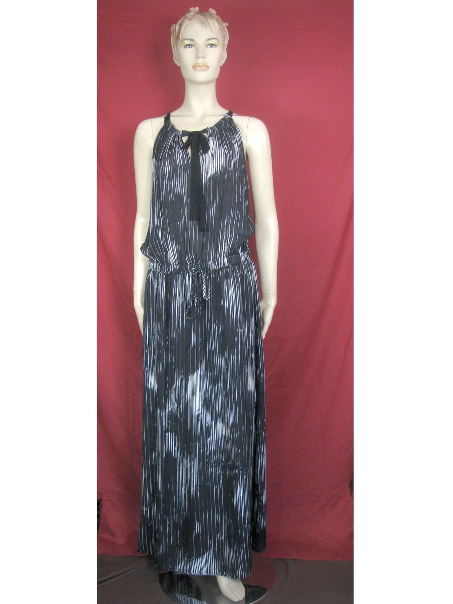 NWT Elie Tahari Womens York Printed Silk Tie Neck Maxi Long Black Dress sz L