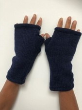 Hand Knitted Lined Wool Wrist Arm Warmers Navy Fingerless Gloves Mittens Mitts