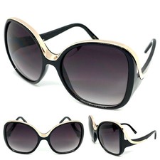 OVERSIZED EXAGGERATED VINTAGE RETRO Style SUN GLASSES Huge XL Black  Gold Frame
