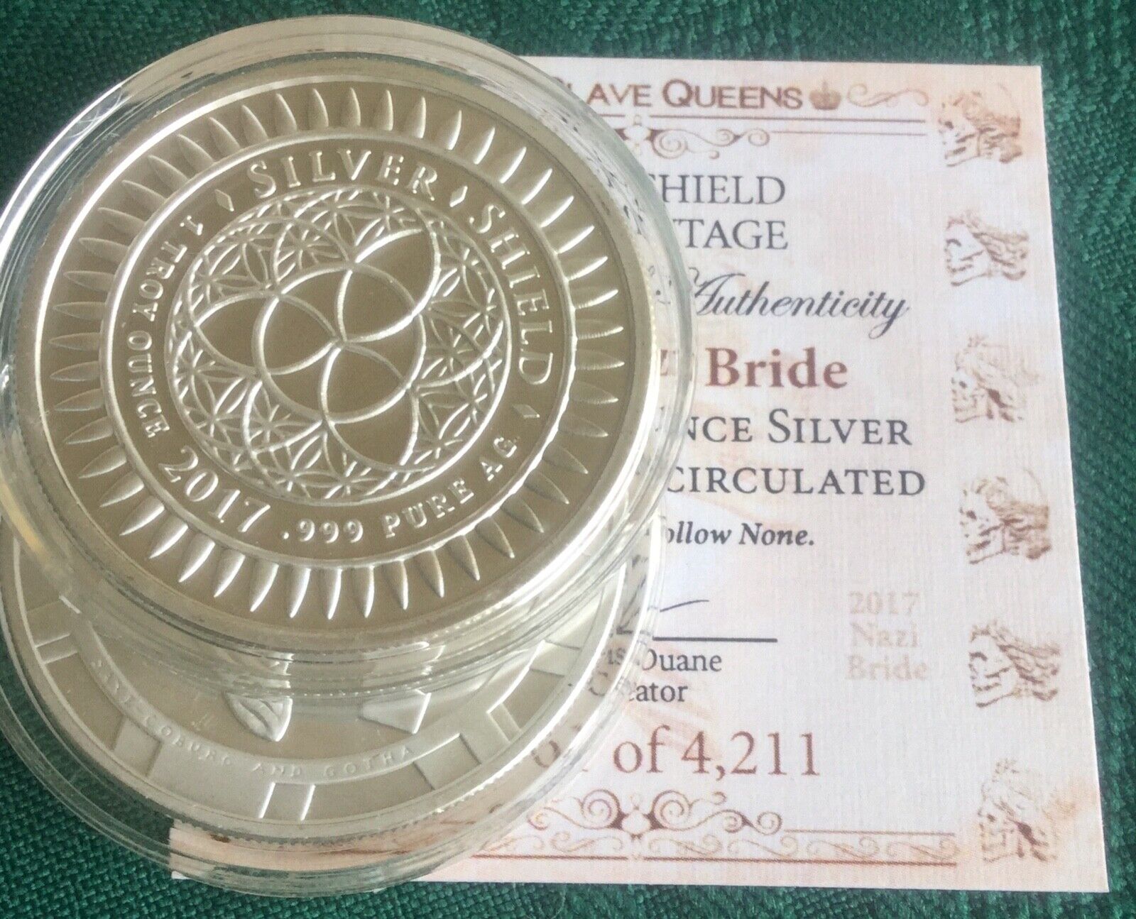 Slave Queen BU #2 – 1 oz 2017 "Slave" Bride 999 Silver Shield Airtite COA 999