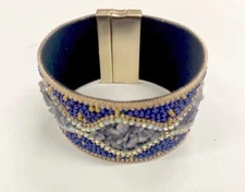Boho Bracelet Blue Bead & Stone Magnetic Wrap Gold Tone Clasp