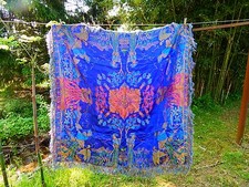 RARE Antique Vintage WWII Silk Piano Scarf Shawl Geisha Crane BLUE Tablecloth