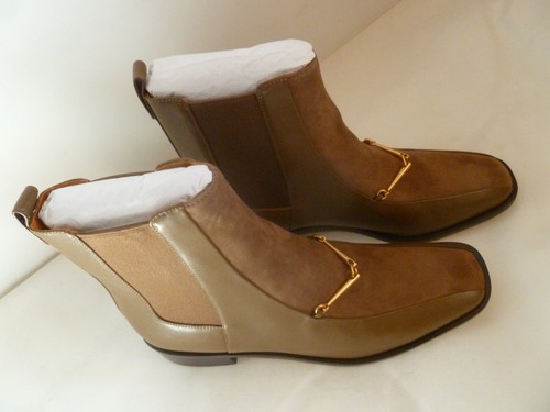 TORY BURCH Brown Leather Boots UK 7.5 Gold Hardware Chelsea Low Heel Boot New - Picture 2 of 24