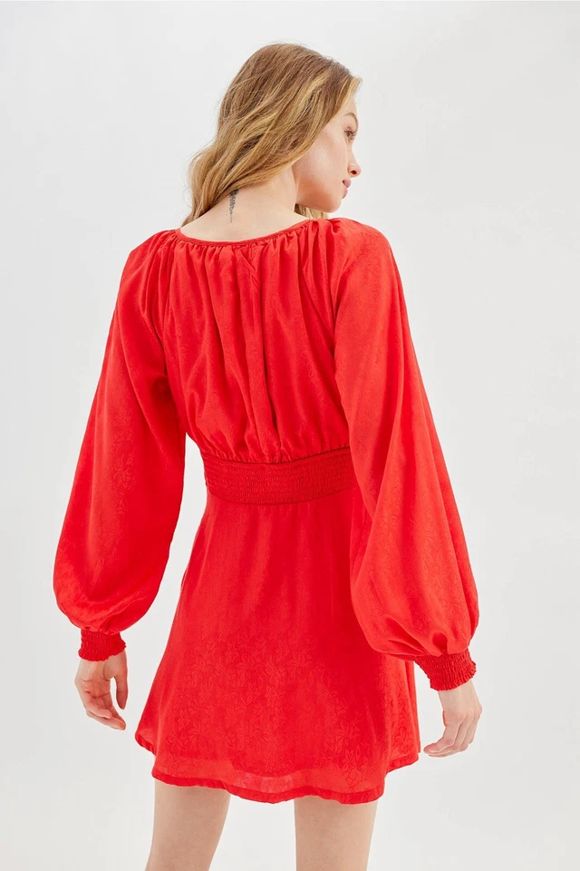 Mini Vestido Urban Outfitters Rebecca Manga Larga Rojo Cereza Talla Pequeña Foto 4 de 4