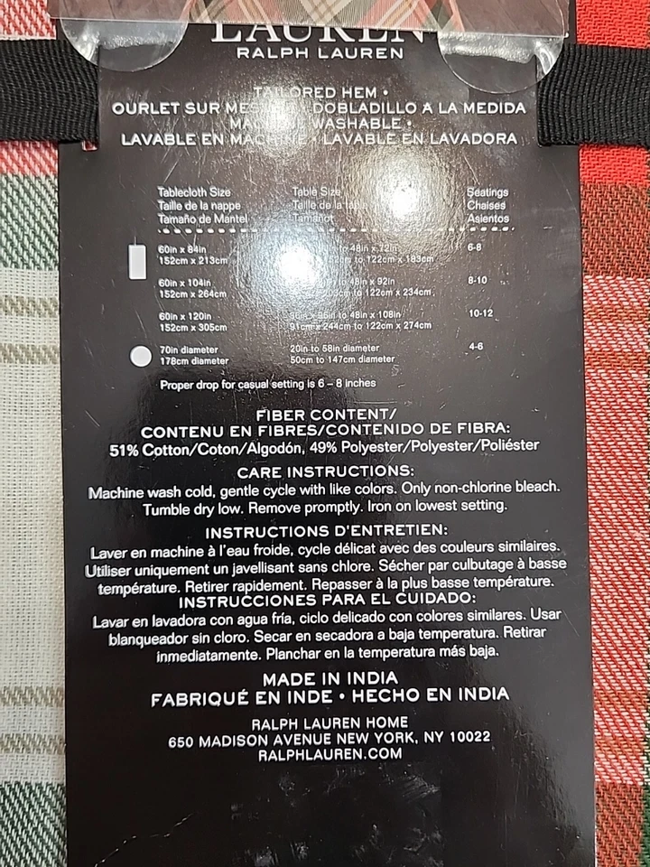 Lauren Ralph Lauren tartan plaid tablecloth red green white rect cotton+poly NWT - Image 3 of 3