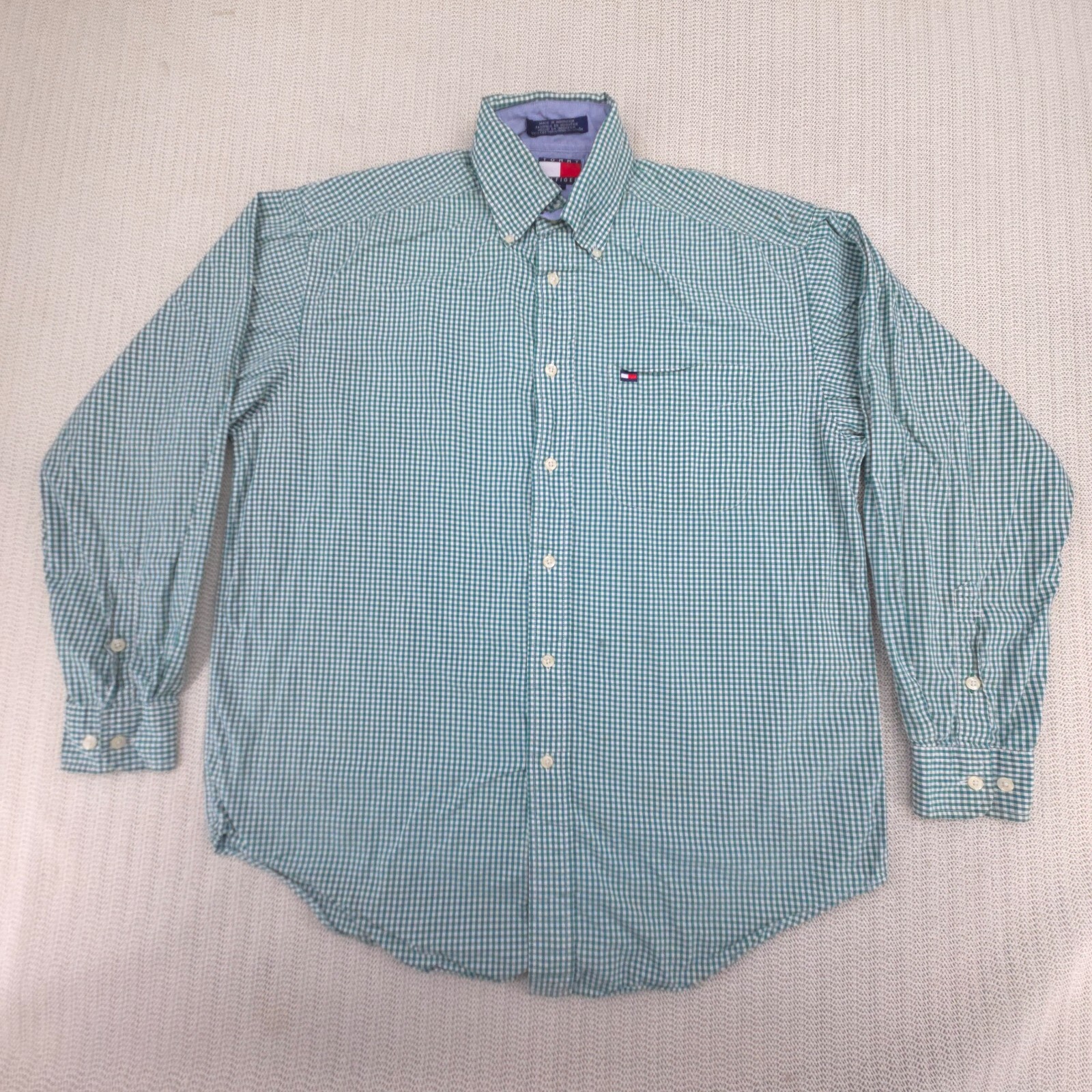Tommy Hilfiger Shirt Mens Small Green White Gingham Check Long Sleeve Flag Logo