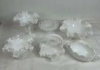 Vintage 6pc Lot Fenton Milk Glass Hobnail Compote Candy Dish Basket Ruffled