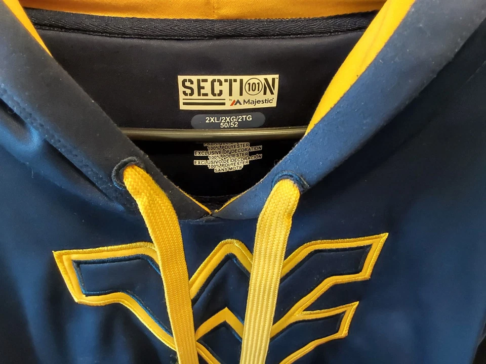 Толстовка с капюшоном мужская Majestic синяя и золотистая WVU Mountaineers / размер 2XL / EUC - Изображение 3 из 4