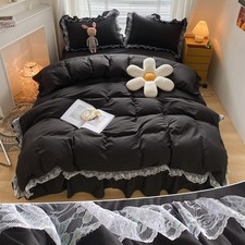 Chic Ruffle Lace Polyester Duvet Cover Set girl Black Bedding3 Piece Queen Duvet