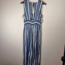 Hem Thread Blue White Geometric Print Smocked Waist Maxi Jumpsuit Size L