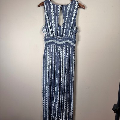 Hem & Thread Blue White Geometric Print Smocked Waist Maxi Jumpsuit Size L
