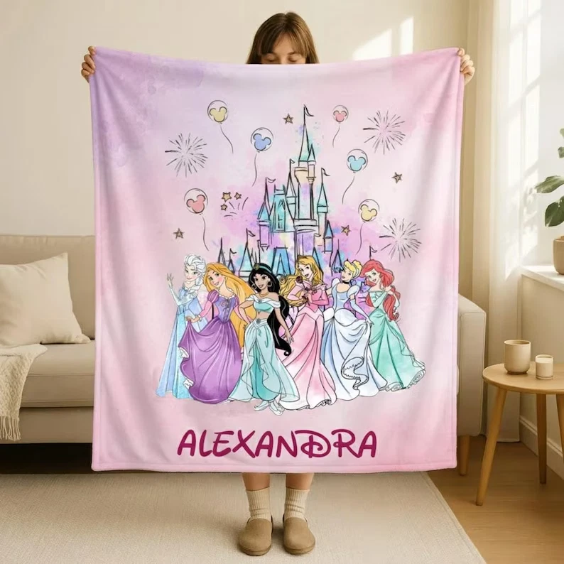 Personalized Disney Elsa Rapunzel Jasmine Aurora Princess Castle Fleece Blanket