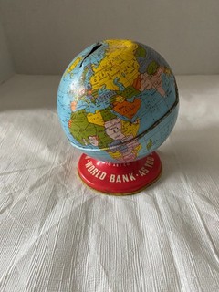 Vintage Tin Litho World Globe Metal Coin Bank Ohio Art Co
