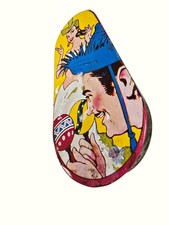 Vintage Tin Noise Maker With Colorful Carnival Graphics  Red Handle