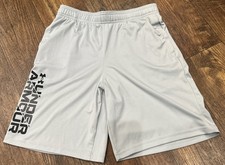 Boys Large Under Armour Gray Shorts Black Logo Loose Dri-fit Athletic Pockets