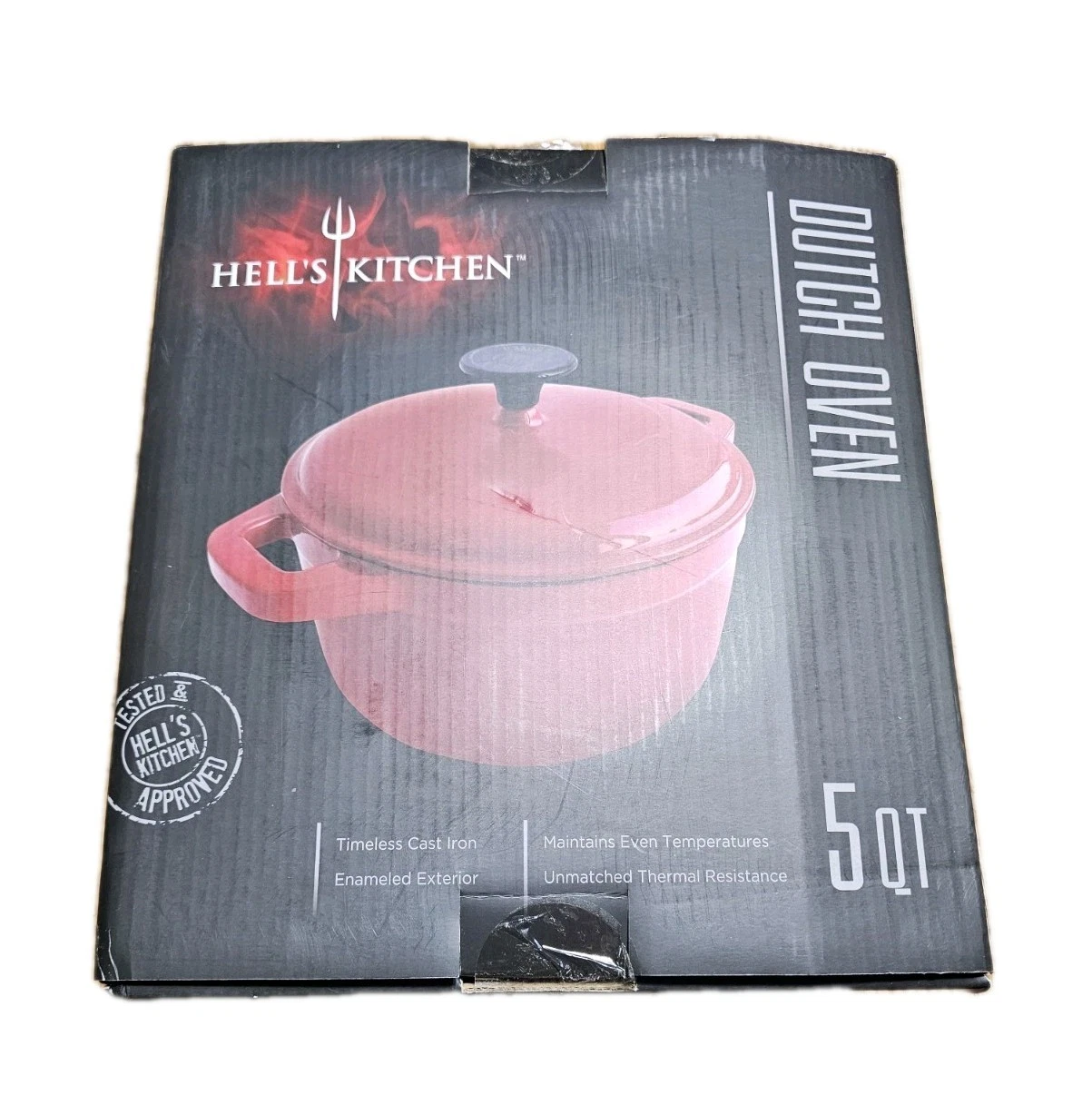 5 QT Red Hell's Kitchen Cast Iron Dutch Oven In Orginal Box Please Read