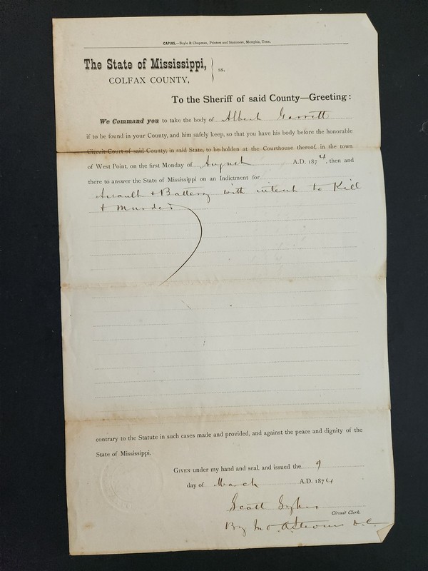 1874 antique MISSISSIPPI CAPIAS colfax co ALBERT GARRETT a&b intent to kill