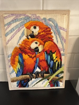 Vintage Handmade Parrots Stitched Yarn Art UnFramed Wall Art Tropical Boho